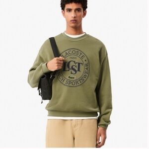 Lacoste Loose Fit Printed Fleece Sweatshirt Crewneck Khaki Green Size L